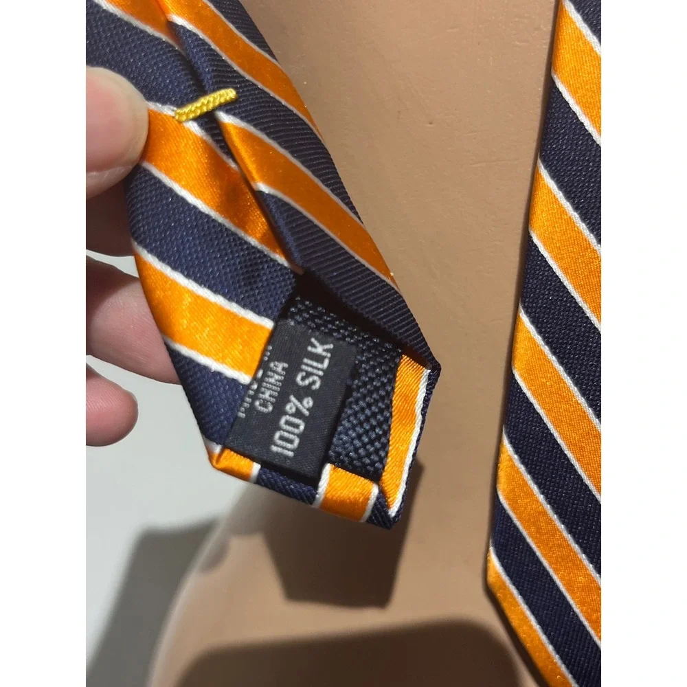 Nautica Mens Silk Necktie Orange Navy Blue White Striped Classic Repp Tie
